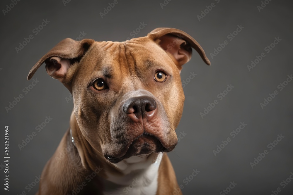 A purebred, stunning American Pit Bull Terrier is portrayed in a studio setting against a gray background. Generative AI