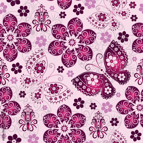 Vector seamless vintage floral pattern with butterflies and flowers on gentle pink