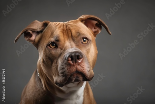 A purebred, stunning American Pit Bull Terrier is portrayed in a studio setting against a gray background. Generative AI