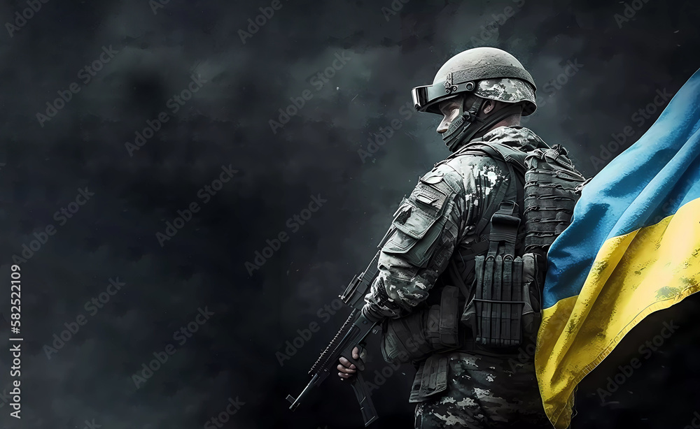 Naklejka premium A soldier with a machine gun next to the flag of Ukraine. Flag Day of Ukraine. Ukrainian flag. AI generated