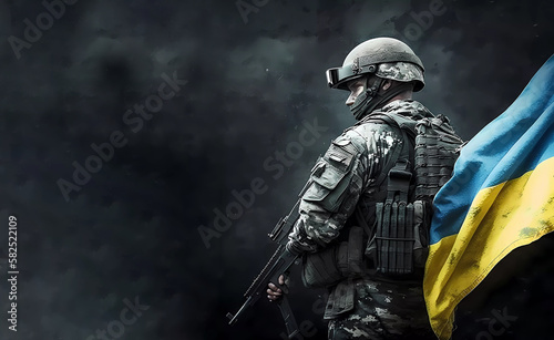 A soldier with a machine gun next to the flag of Ukraine. Flag Day of Ukraine. Ukrainian flag. AI generated