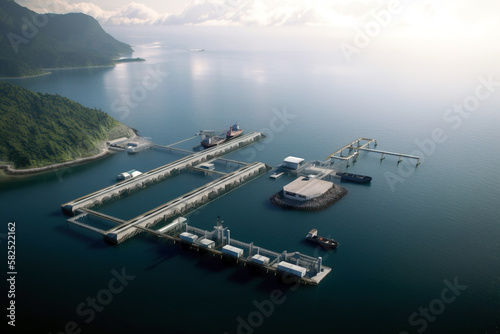Port harbour terminal in mountains. Aerial view. Digitally generated AI image