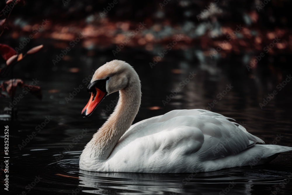 Fototapeta premium On the edge of a pond, a graceful white Swan with a crimson beak stands. the Cygnus olor, sometimes known as the mute swan. Generative AI