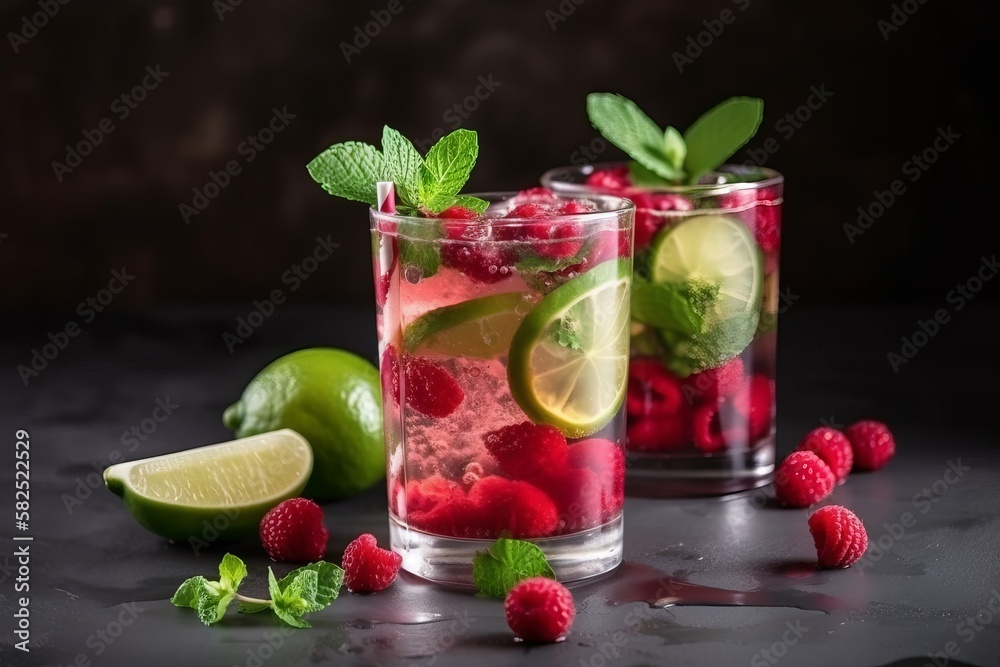 Studio shot of two fresh raspberry mojito cocktail with lime and mint. Summer cocktails concept background. Illustration