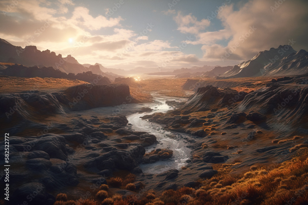 Beautiful valley in mountains at sunset. Flowing river in valley with dramatic evening lights. Digitally generated AI image Beautiful valley in mountains at sunset. Flowing river in valley with dramatic evening lights. Digitally generated AI image