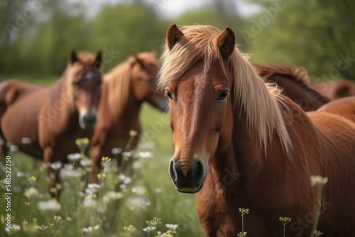 Danish horses in the springtime in a field. Generative AI © AkuAku