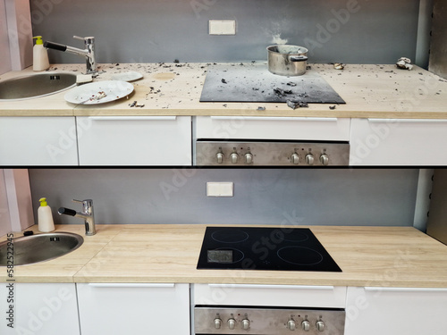 Foto Household Washing Service. Dirty Kitchen After Cleanup