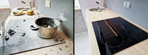 Foto Household Washing Service. Dirty Kitchen After Cleanup