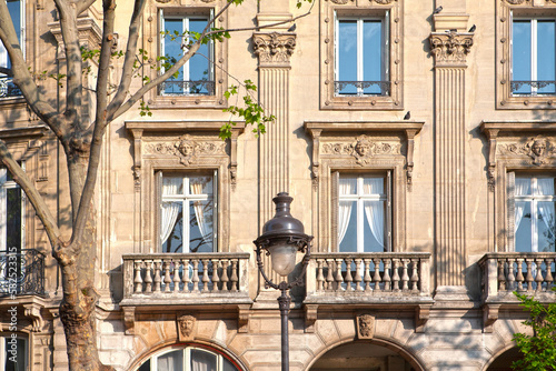 Paris ancient stone building facade with French windows, rich stucco fretwork, small stone baluster balconies, street lamp and tree