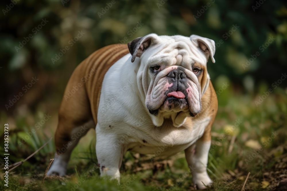 In the garden, a female English bulldog stands on the grass. Generative AI In the garden, a female English bulldog stands on the grass. Generative AI