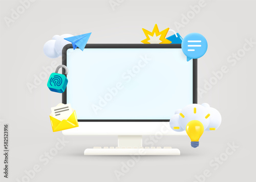 Computer monitor with communication elements and blank screen. Web communication concept. 3d vector illustration