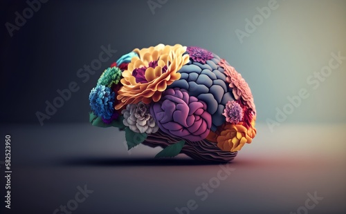 Human brain with flowers, self care and mental health concept, positive thinking, creative mind, generative AI
