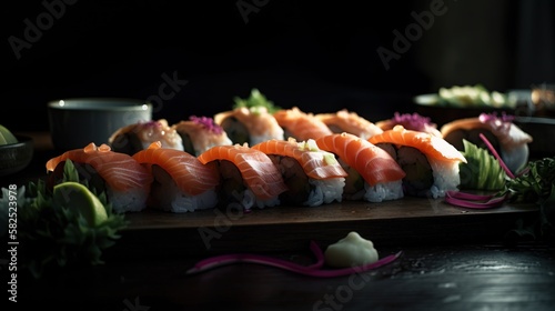 Sushi and sashimi japanese food. Maki and rolls with tuna, salmon, shrimp and more. All you can eat menu. Sushi roll, uramaki, hosomaki, nigiri sashimi. Generative AI.