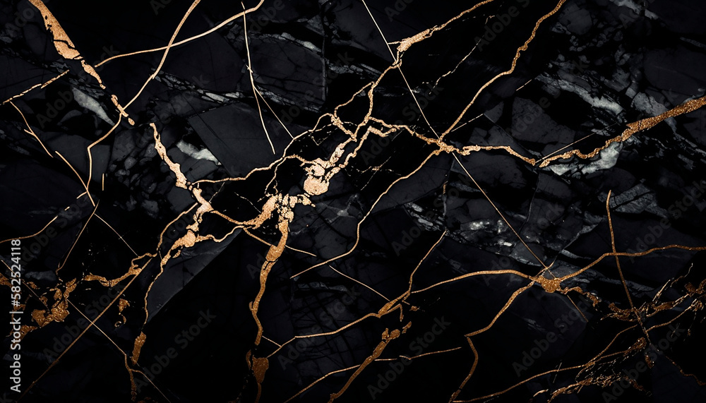 Abstract black background with golden cracks, splashes.Generative AI technology. Abstract black background with golden cracks, splashes.Generative AI technology.