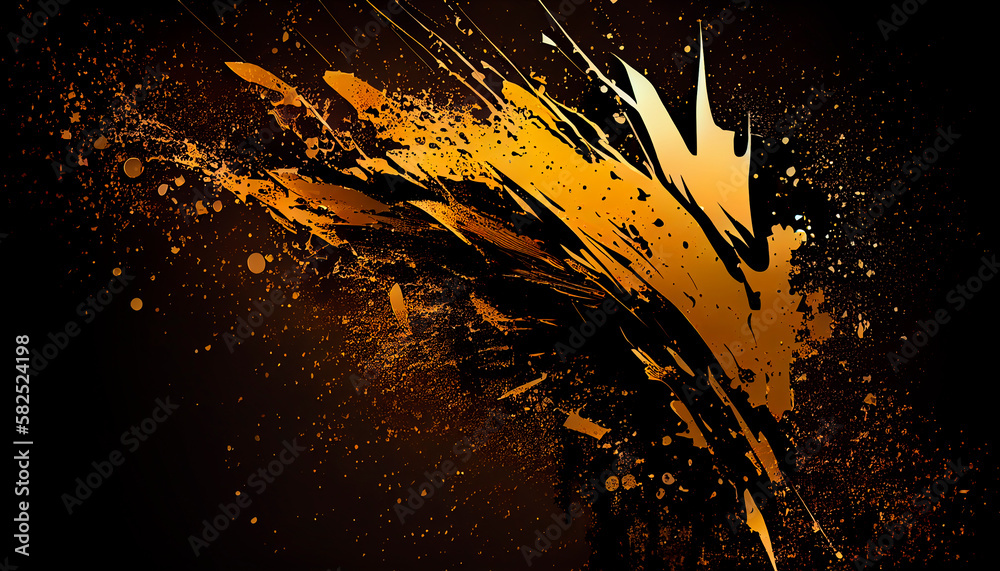 Abstract background with golden splashes, drops, smudges. Generative AI technology.