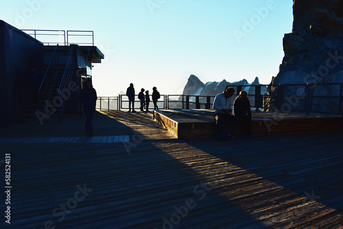 Platform of cable car station at Aiguille du midi peak, Sunrise at the Mont Blanc massif, Chamonix, French Alps