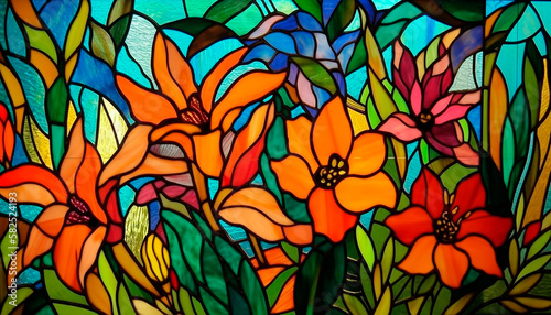 Decorative background with bright stained glass flowers. Generative AI technology.