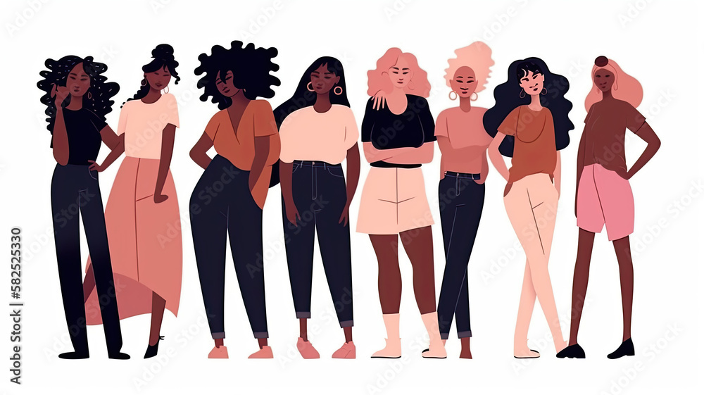 illustration of a diverse group of women on a white background, each with different body types and poses, promoting empowerment. Generative AI