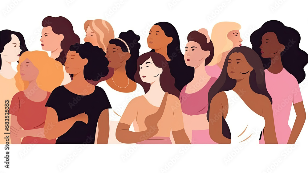 illustration of a diverse group of women on a white background, each with different body types and poses, promoting empowerment. Generative AI illustration of a diverse group of women on a white background, each with different body types and poses, promoting empowerment. Generative AI