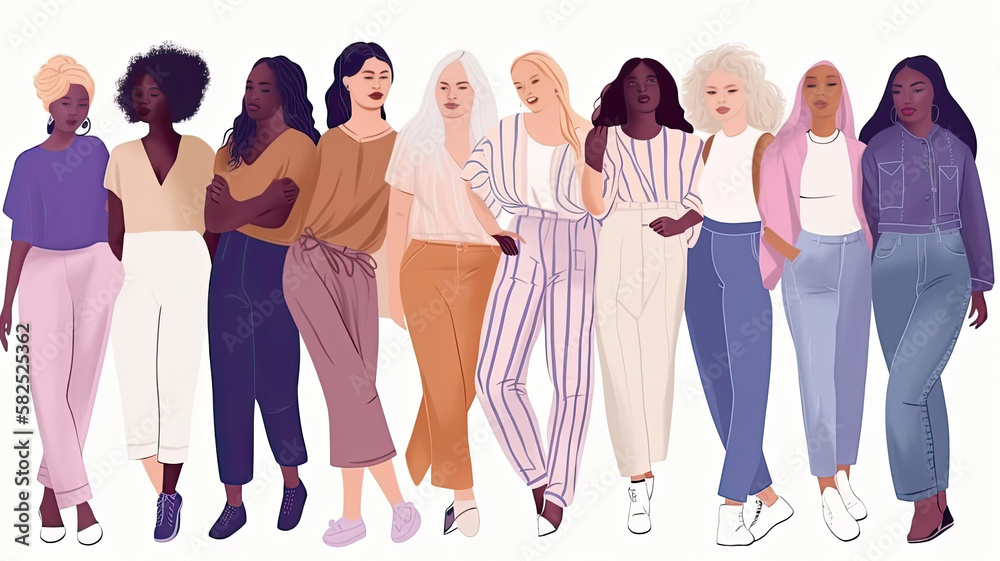 Obraz premium illustration of a diverse group of women on a white background, each with different body types and poses, promoting empowerment. Generative AI