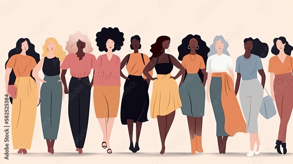 Obraz premium illustration of a diverse group of women on a white background, each with different body types and poses, promoting empowerment. Generative AI