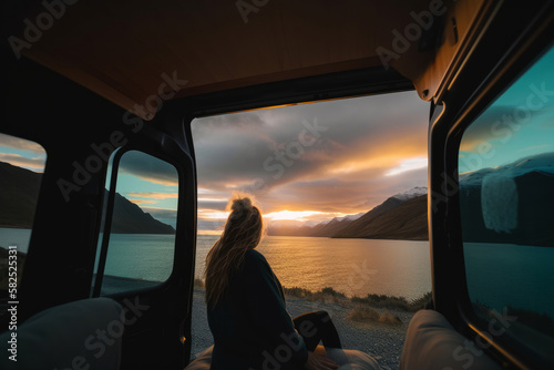 A young woman sitting in a camper van looking at a beautiful view. Generatie ai