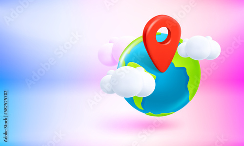 The Earth with red pin of GPS location. 3d vector banner with copy space