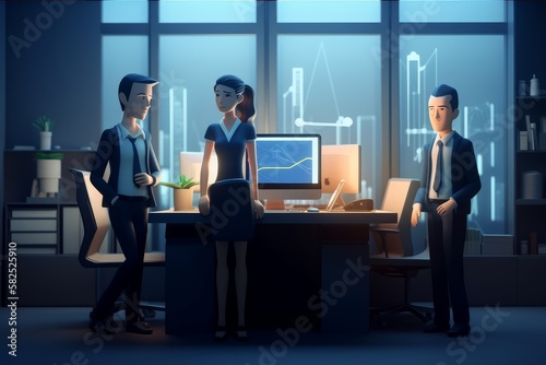 Business Team Ready for Office Work: Successful Team in Clipart Style with Faceless and Low Poly Elements, Generative AI © avrezn