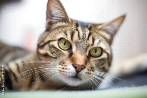 Brown Tabby Cat Lying Close Up at an Animal Shelter. Generative AI © AkuAku