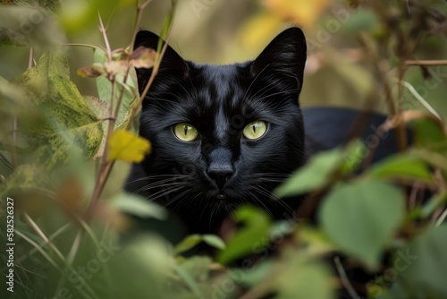 A black cat hides in a shrub and hunts a mouse. Generative AI