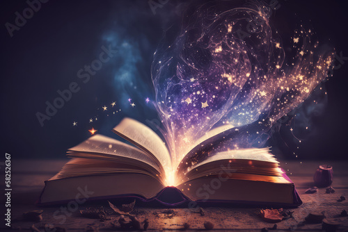 Magic Book With Open Antique Pages And Abstract Purple Bokeh Lights Glowing In Dark Background - Literature Concept (ai generated)