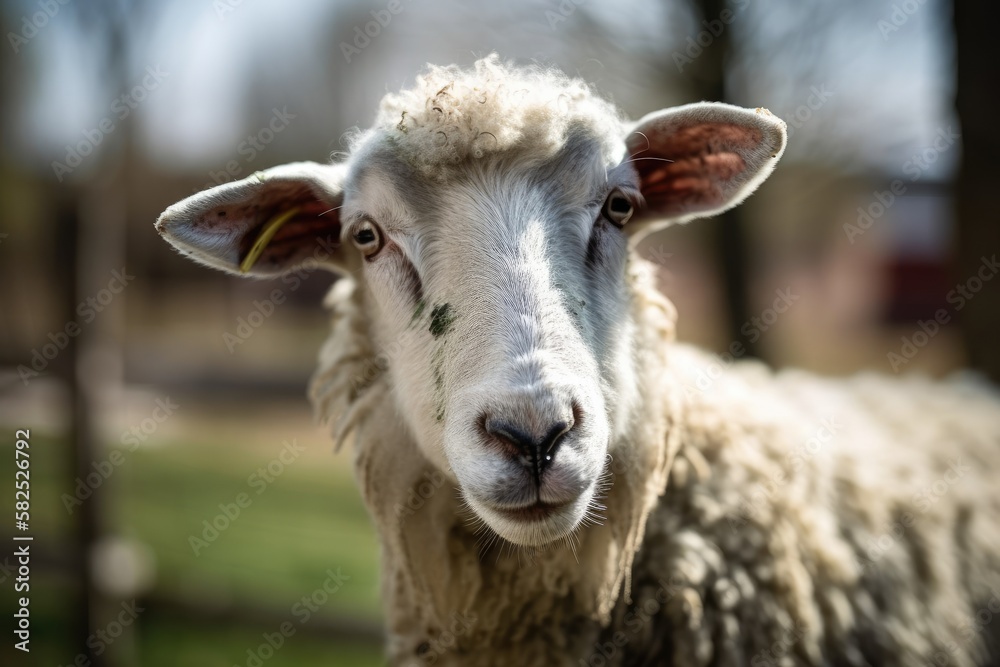 A cute and inquisitive sheep from Slovakia with a splotchy head is pictured in a portrait on a sunny spring day. Generative AI