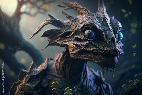 Mythical and surrealistic creature with a strange and different shape never seen before, similar to a dragon, typical of a fantasy, set in a magical and imaginary world, generated by AI, digital art.