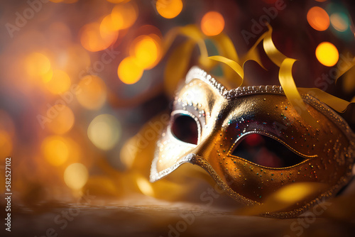 Carnival Party - Venetian Mask On Yellow Satin With Shiny Streamers On Abstract Defocused Bokeh Lights (ai generated) © ImagineDesign