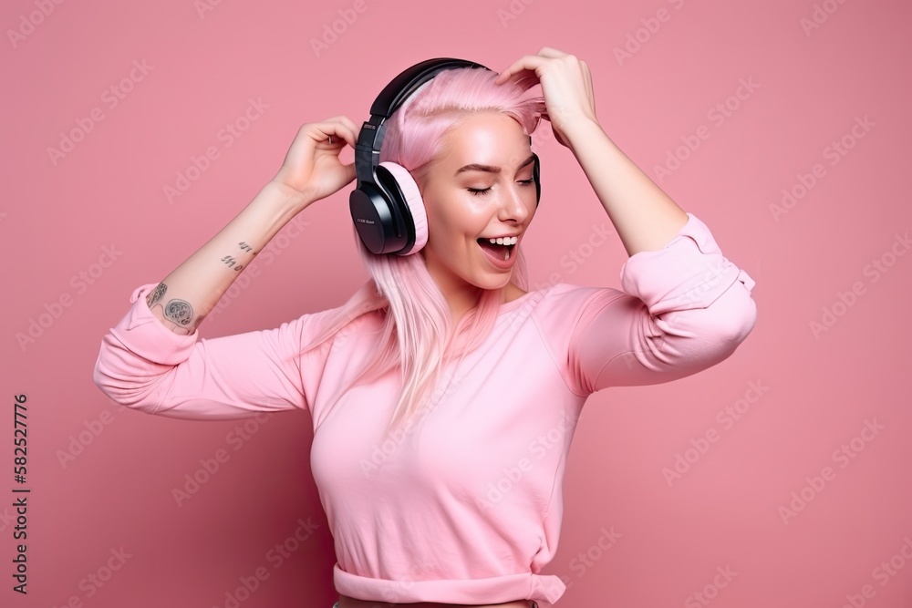 Woman Dancing with Headphones on a Pink Background with Space for Copy (Generative AI) Woman Dancing with Headphones on a Pink Background with Space for Copy (Generative AI)