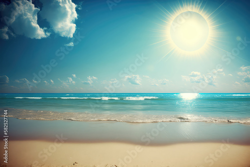 Idyllic Sand Beach With Sun Over Ocean  ai generated 