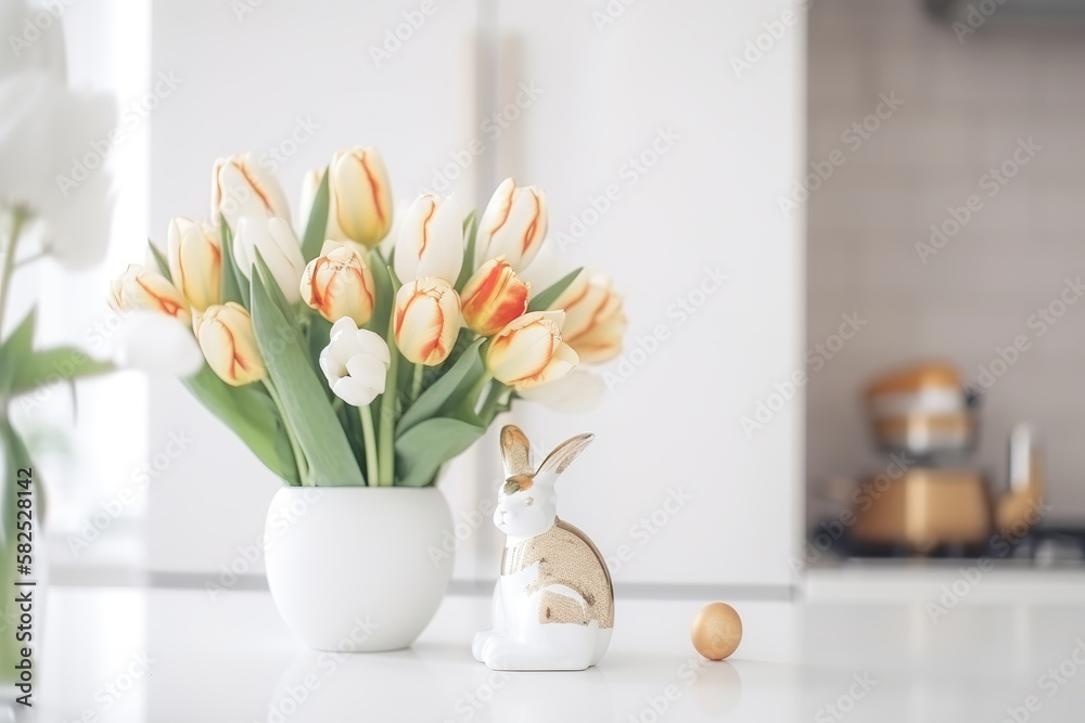 Easter table setting with tulips, Easter bunnies, and eggs with golden patterns in the white Scandinavian-style kitchen background. Beautiful minimalist design for greeting card Easter table setting with tulips, Easter bunnies, and eggs with golden patterns in the white Scandinavian-style kitchen background. Beautiful minimalist design for greeting card
