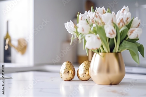 Easter table setting with tulips, Easter bunnies, and eggs with golden patterns in the white Scandinavian-style kitchen background. Beautiful minimalist design for greeting card