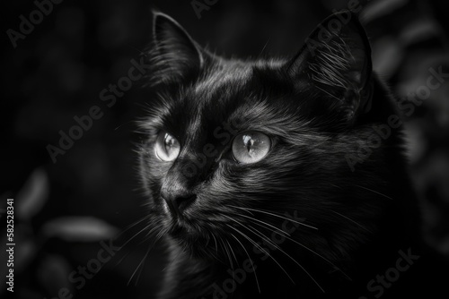 A monochrome photograph of a black cat. Generative AI