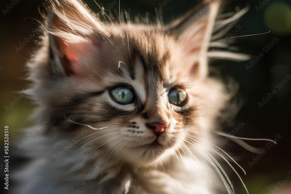 A close up of a cute kitten with green eyes against a blurred background. Generative AI