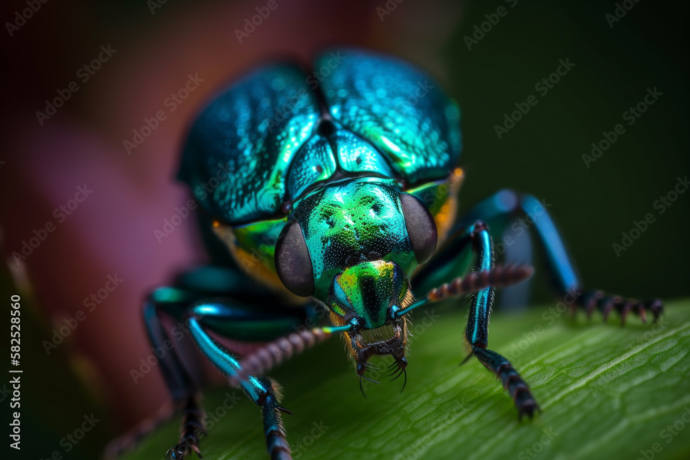Fototapeta premium Macro view of insect or bug known as brush jewel beetle. generative AI