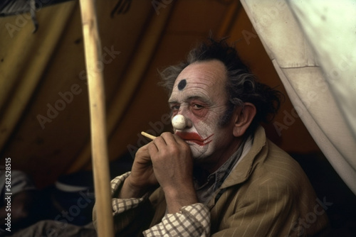 Old man wearing fading clown makeup backstage behind a circus tent. generative AI