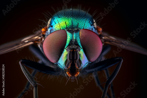 Macro view of colorful common housefly. The bug or insect has giant eyes. generative AI © Haydiddle