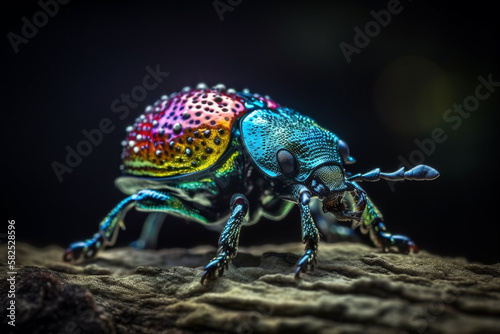 Macro view of insect or bug known as pleasing fungus beetle with colorful metallic shell. generative AI