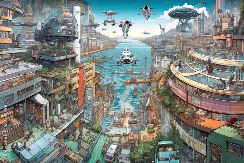 Drone shot of futuristic city of future seen from above. Vector stylised illustration. Complex details. Digitally generated AI image