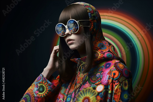 High fashion cool hipsters with psychedelic clothes and vintage sunglasses from the 1960s. generative AI photo