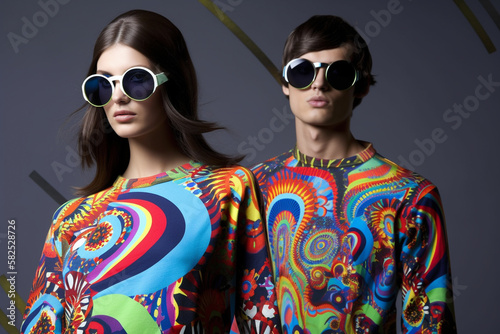 High fashion cool hipsters with psychedelic clothes and vintage sunglasses from the 1960s. generative AI