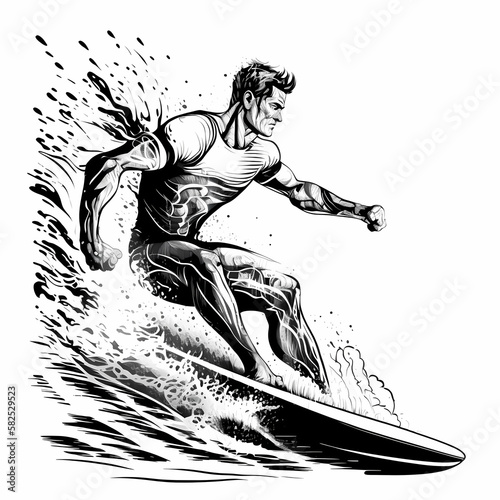 Surfer rides the Ocean silhouette. Generative AI