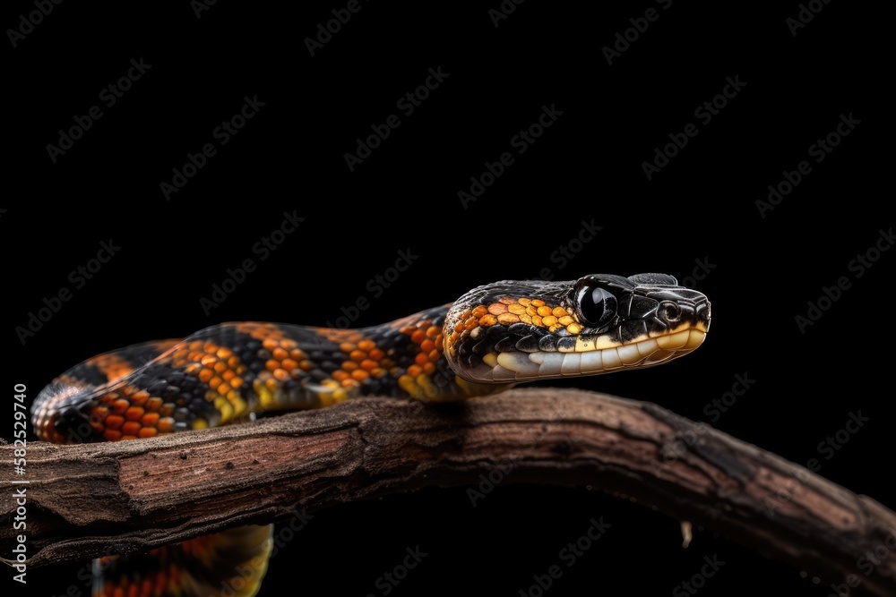 Fototapeta premium In the spring or summer, a black immature tiny snake, or natrix, is seen wiggling on a branch against an isolated background. Generative AI