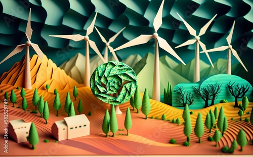 Paper art , renewable energy with green energy as wind turbines , Renewable energy by 2050 Carbon neutral energy , Energy consumption and CO2, Reduce CO2 emission concept